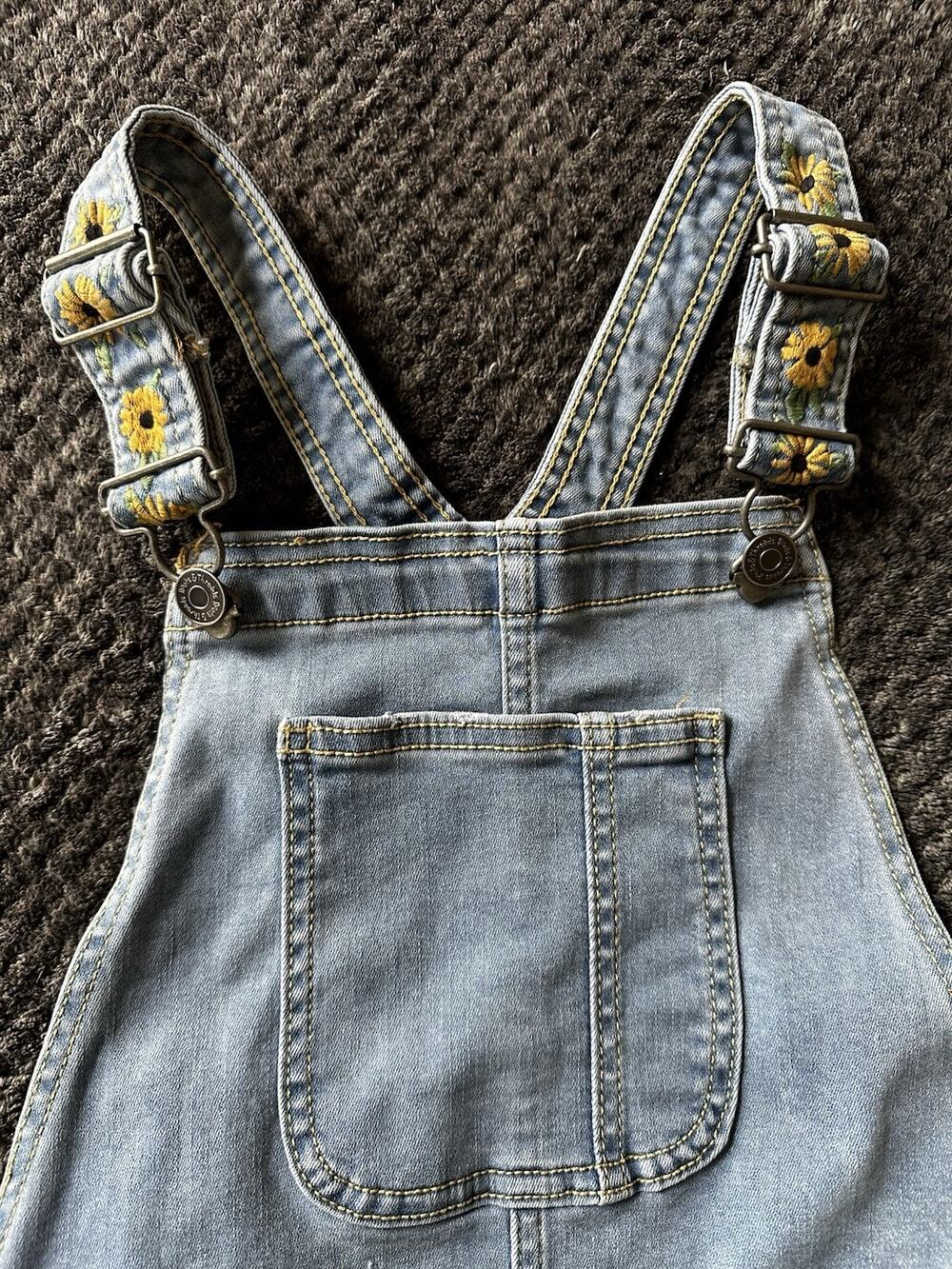 Roots & Threads Girls Sunflower Embroidered Denim Overalls L 10/12 Cottagecore